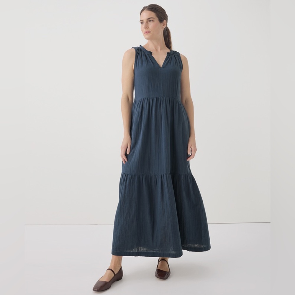 NWT✨ PACT organic French Navy Coastal Double Gauze Ruffle Maxi Dress - Picture 5 of 12